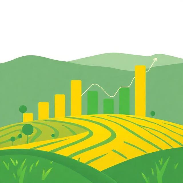 Abstract agriculture insight card image, bar and line charts over stylized farmland, brand colors green #2e7d32 and yellow #eeb300, minimal, clean, 3:2 aspect